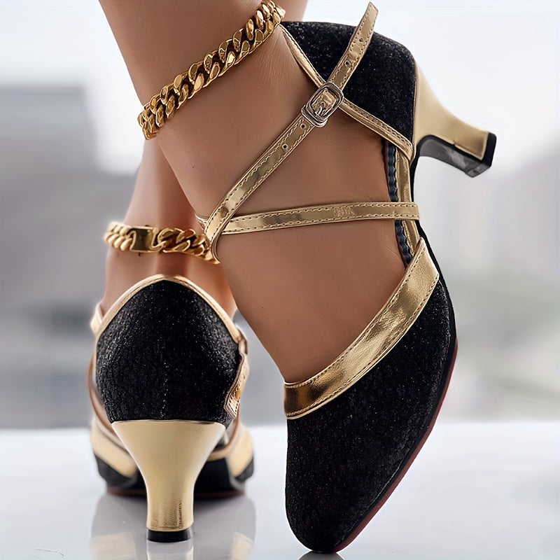 Womens Glitter DOrsay Latin Dance Shoes Crisscross Buckle Strap Chunky Mid Heels AllMatch Dress Dance Pumps